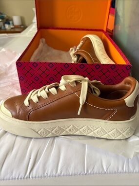 Tory Burch Brown Leather Platform Sneakers with Cream Soles